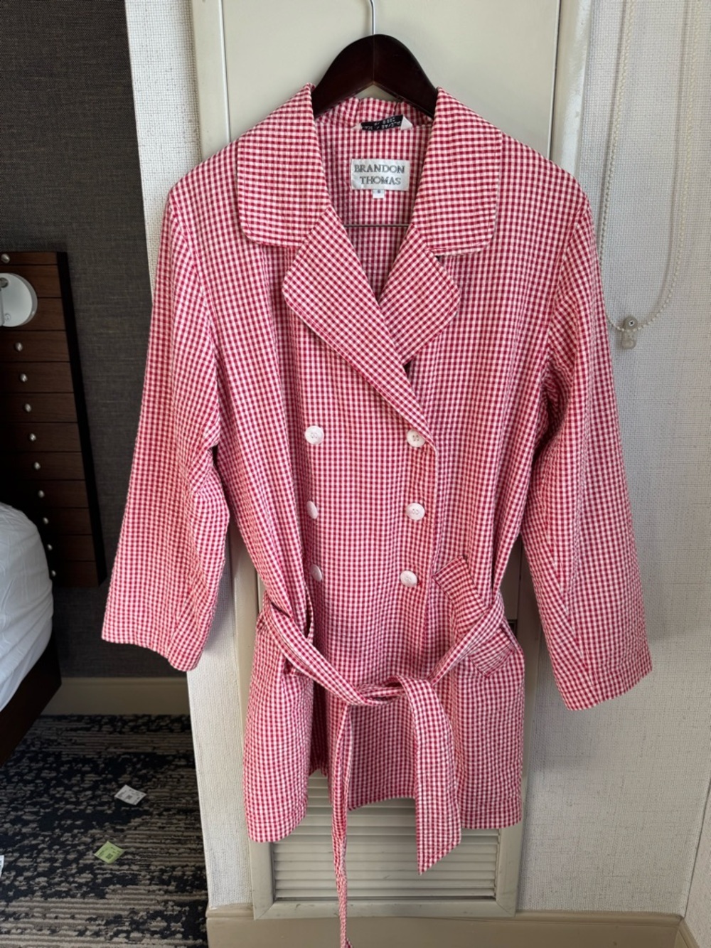 Brandon Thomas Red and White Gingham Double-Breasted Fabric Belted Trench